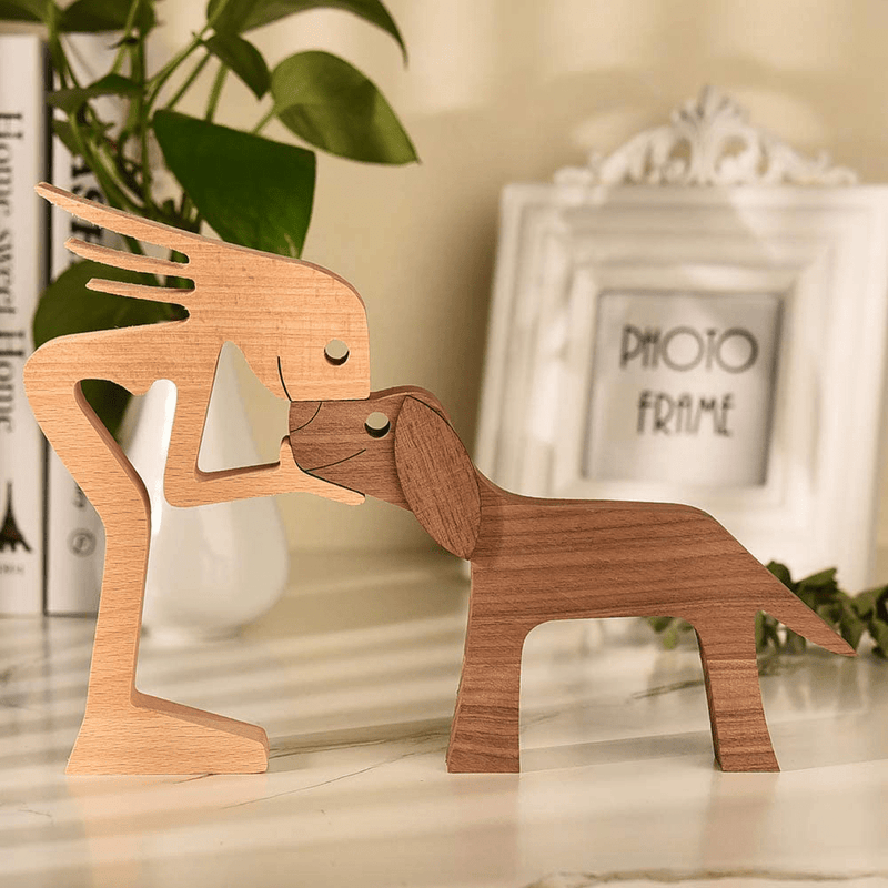 Wooden Sculptures Handmade Accents Craft Figurine for Home Decor Accents, Woman and Dog Wooden Statue, Animal Sculptures Collection, Gift for Men Women Natural ECO Friendly Large Size 10x6x0.8 inches