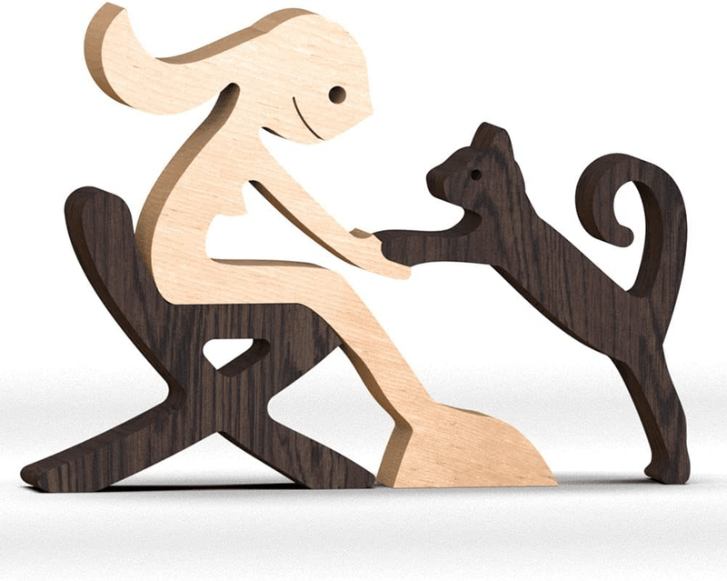 Wooden Sculptures Handmade Accents Craft Figurine for Home Decor Accents, Woman and Dog Wooden Statue, Animal Sculptures Collection, Gift for Men Women Natural ECO Friendly Large Size 10x6x0.8 inches Home & Garden > Decor > Seasonal & Holiday Decorations iShine Sitting Woman With Cat  