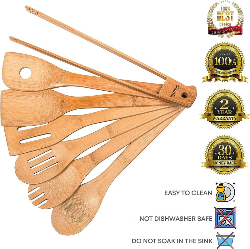 Wooden Spoons for Cooking 7-Pack – Bamboo Kitchen Utensils Set for Nonstick Cookware - Wooden Cooking Utensils Set, Wood Spatula Spoon Tongs – Blauke®