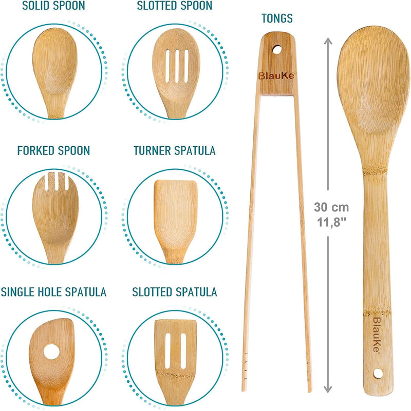 Wooden Spoons for Cooking 7-Pack – Bamboo Kitchen Utensils Set for Nonstick Cookware - Wooden Cooking Utensils Set, Wood Spatula Spoon Tongs – Blauke®