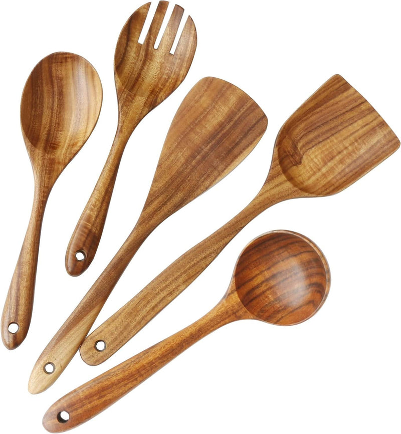 Wooden Spoons for Cooking, ADLORYEA Kitchen Utensils Set for Nonstick Cookware, 5-Piece Wood Spatulas Spoons Kitchen Tools Made by Eco-Friendly Natural Teak for Cooking & Serving