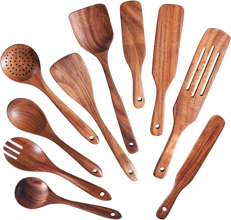 Wooden Spoons for Cooking ,GUDAMAYE 10 PCE Wooden Kitchen Utensils Set,Wooden Cooking Utensils for Non-Stick Pan,Wooden Utensils for Cooking,Wooden Spurtles Set, Spurtles Kitchen Tools as Seen on Tv