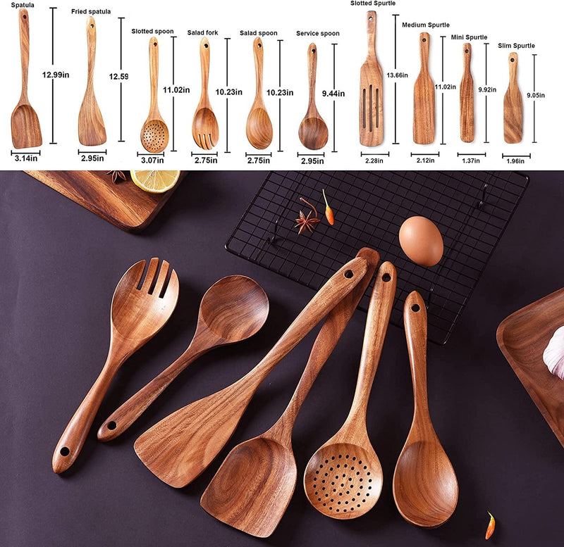 Wooden Spoons for Cooking ,GUDAMAYE 10 PCE Wooden Kitchen Utensils Set,Wooden Cooking Utensils for Non-Stick Pan,Wooden Utensils for Cooking,Wooden Spurtles Set, Spurtles Kitchen Tools as Seen on Tv