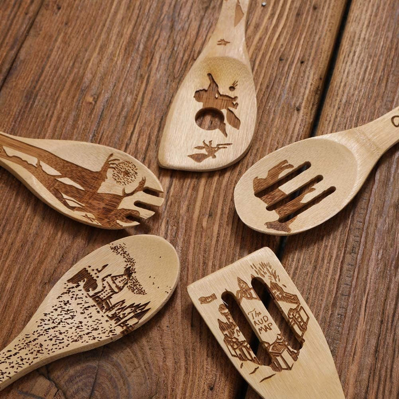 Wooden Spoons for Cooking Utensils Set of 5, Magic Organic Burned Engraved Wizard Harr Potter Kitchen Bamboo Tools Accessories Women Halloween Gifts for Baking Wedding Housewares Home & Garden > Kitchen & Dining > Kitchen Tools & Utensils SFSC   