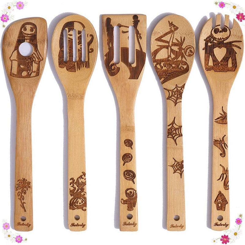 Wooden Spoons for Cooking Utensils Set of 5, Magic Organic Burned Engraved Wizard Harr Potter Kitchen Bamboo Tools Accessories Women Halloween Gifts for Baking Wedding Housewares Home & Garden > Kitchen & Dining > Kitchen Tools & Utensils SFSC nightmare spoons  