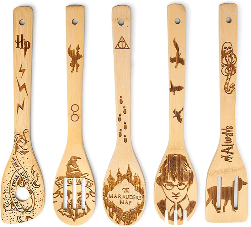 Wooden Spoons for Cooking Utensils Set of 5, Magic Organic Burned Engraved Wizard Harr Potter Kitchen Bamboo Tools Accessories Women Halloween Gifts for Baking Wedding Housewares Home & Garden > Kitchen & Dining > Kitchen Tools & Utensils SFSC HP magic wooden spoons  