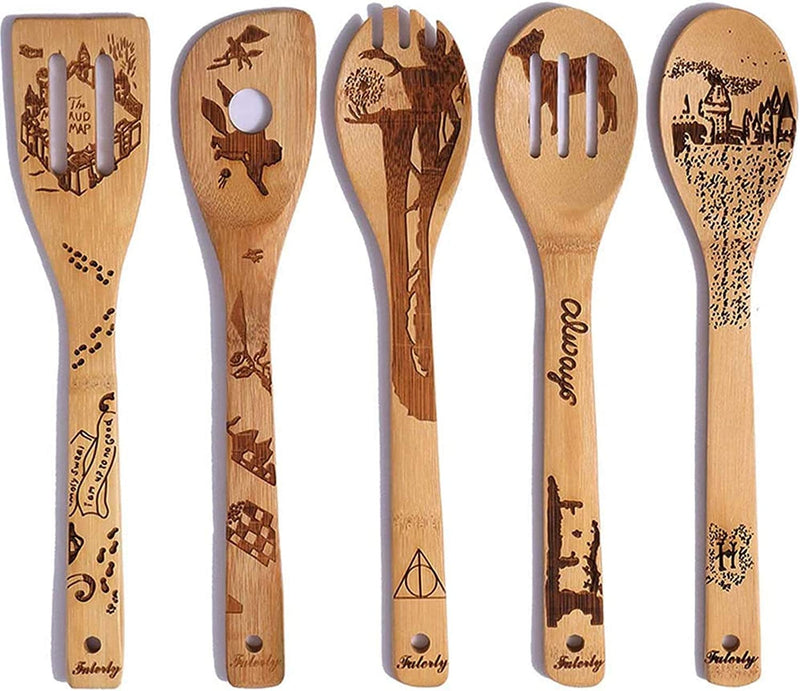 Wooden Spoons for Cooking Utensils Set of 5, Magic Organic Burned Engraved Wizard Harr Potter Kitchen Bamboo Tools Accessories Women Halloween Gifts for Baking Wedding Housewares Home & Garden > Kitchen & Dining > Kitchen Tools & Utensils SFSC Magic  