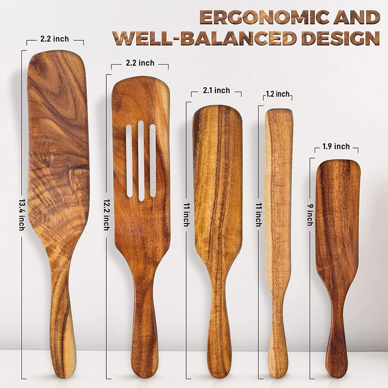 Wooden Spurtle Set of 5 for Cooking, Acacia Wooden Utensils for Cooking, Wooden Spoons for Cooking, Non-Stick Tool Sets, Versatile Tools, as Seen on TV Bamboo Spatulas, Premium Utensil Spoons