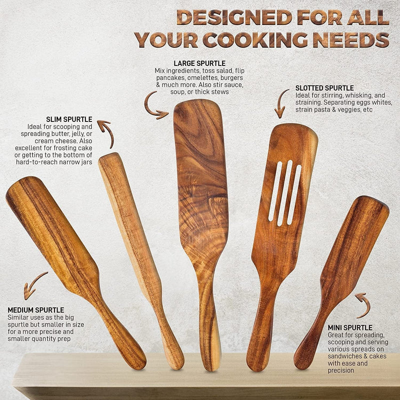 Wooden Spurtle Set of 5 for Cooking, Acacia Wooden Utensils for Cooking, Wooden Spoons for Cooking, Non-Stick Tool Sets, Versatile Tools, as Seen on TV Bamboo Spatulas, Premium Utensil Spoons
