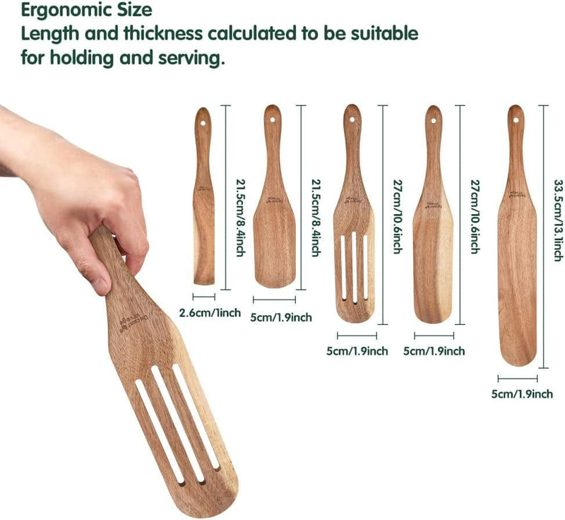 Wooden Spurtle Set of 5, Spurtles Kitchen Cooking Utensils Tools as Seen on TV, Slotted Spatulas Narrow Jar Scraper for Non-Stick Cookware Stirring, Filtering, Mixing, Frying, Scooping