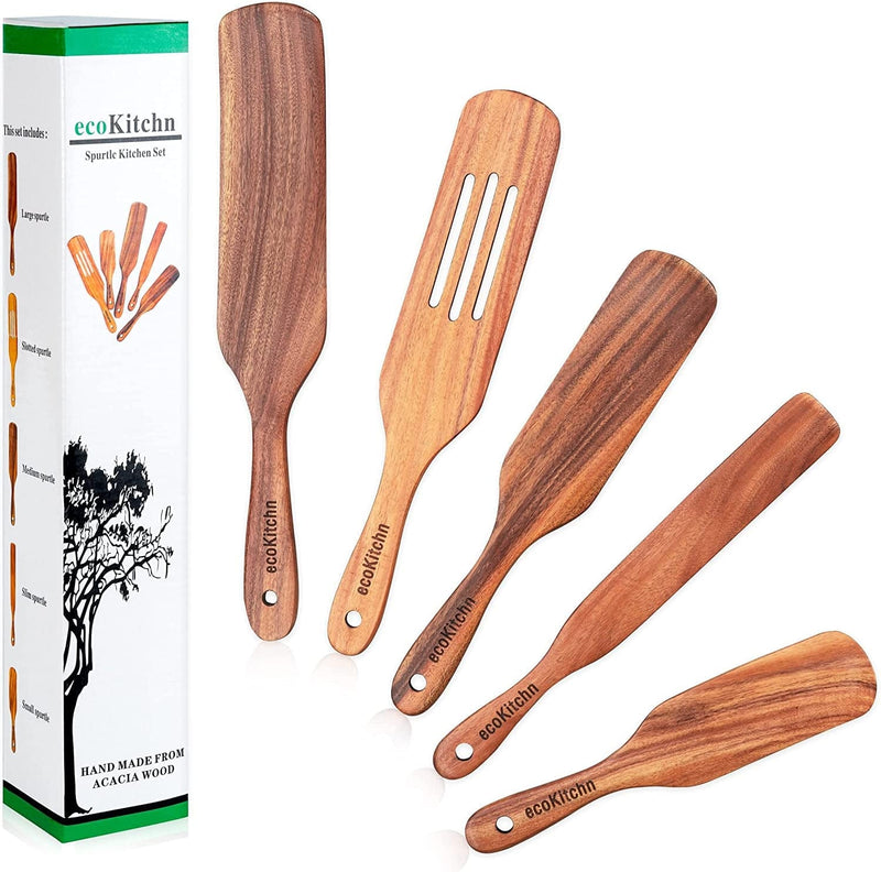 Wooden Spurtle Set, Spurtle as Seen on Tv-Set of 5 Spurtles Kitchen Tools Wooden, Heat Resistant Spurtle Spoon Made of Finest Acacia with Hanging Holes, ECOKITCHN Spurtle Wooden Cooking Utensils