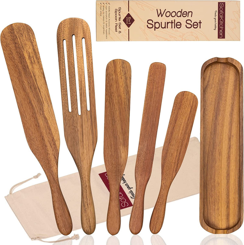 Wooden Spurtle Set-Spurtles Kitchen Tools as Seen on Tv-5 Spurtle Wooden Cooking Utensils + Spurtle Spoon Rest-Non Stick, Heat Resistant Spurdle Set Made of Premium Acacia Wood Home & Garden > Kitchen & Dining > Kitchen Tools & Utensils SofaKitchen   