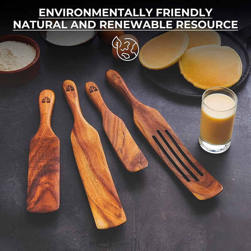 Wooden Spurtle Set, Teak Spurtles Kitchen Tools for Cooking, Wooden Set of 4, Non Stick Cookware Kitchen Tools for Serving, Stirring, Mixing, Scraping, Scooping Home & Garden > Kitchen & Dining > Kitchen Tools & Utensils WOODENHOUSE LIFELONG QUALITY   