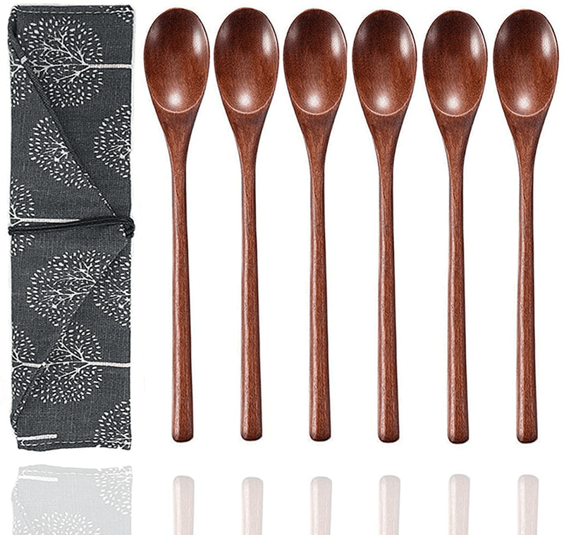 Wooden Utensils for Eating Reusable Wooden Bamboo Cutlery Set with Case 9 Pcs Travel Utensils Wooden Bamboo Fork and Spoon Set Wood Flatware Set for Eating with Knife Fork Spoon Chopsticks Straw Home & Garden > Kitchen & Dining > Tableware > Flatware > Flatware Sets Busnos 6 Pack Spoons Set  