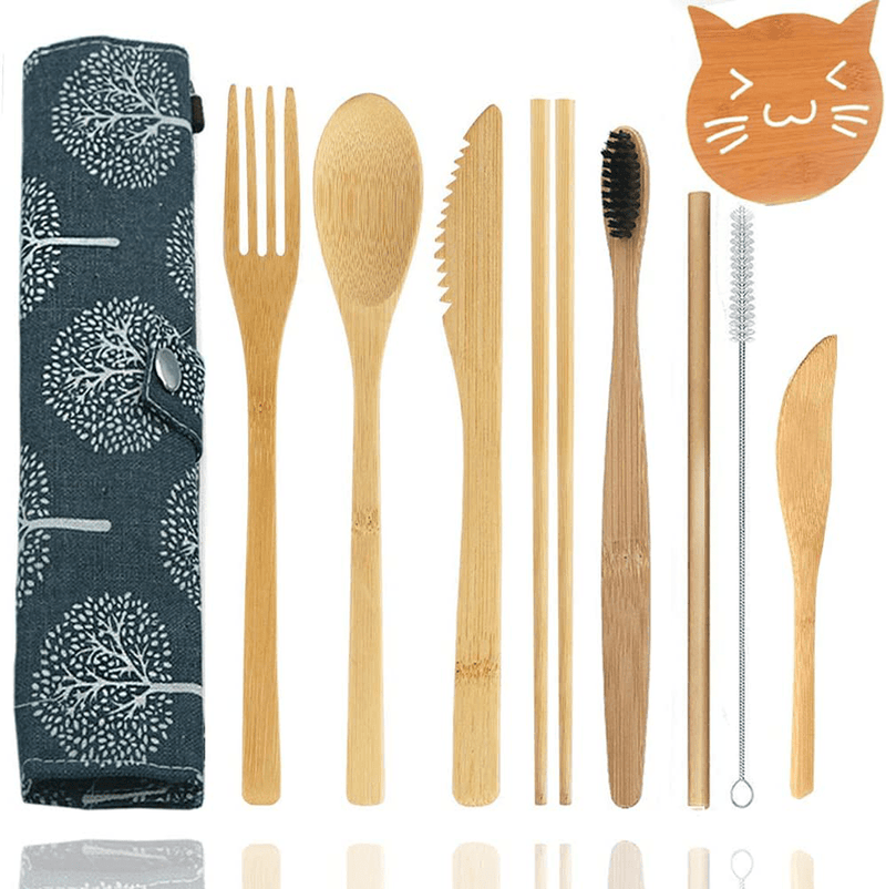 Wooden Utensils for Eating Reusable Wooden Bamboo Cutlery Set with Case 9 Pcs Travel Utensils Wooden Bamboo Fork and Spoon Set Wood Flatware Set for Eating with Knife Fork Spoon Chopsticks Straw Home & Garden > Kitchen & Dining > Tableware > Flatware > Flatware Sets Busnos Bamboo Cutlery Set  