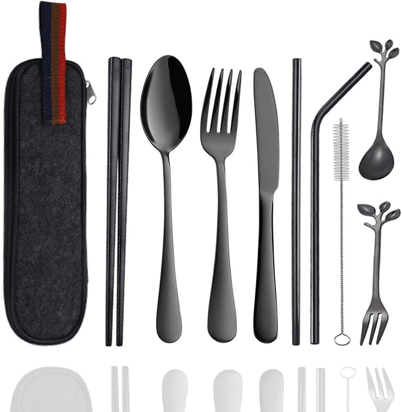 Wooden Utensils for Eating Reusable Wooden Bamboo Cutlery Set with Case 9 Pcs Travel Utensils Wooden Bamboo Fork and Spoon Set Wood Flatware Set for Eating with Knife Fork Spoon Chopsticks Straw Home & Garden > Kitchen & Dining > Tableware > Flatware > Flatware Sets Busnos Black Cutlery Set  