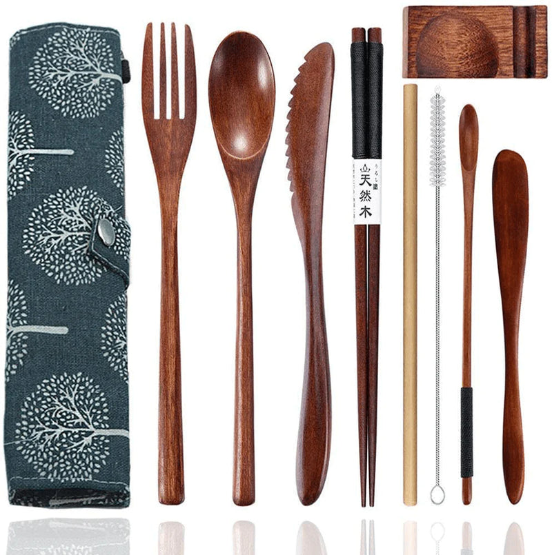 Wooden Utensils for Eating Reusable Wooden Bamboo Cutlery Set with Case 9 Pcs Travel Utensils Wooden Bamboo Fork and Spoon Set Wood Flatware Set for Eating with Knife Fork Spoon Chopsticks Straw Home & Garden > Kitchen & Dining > Tableware > Flatware > Flatware Sets Busnos Wooden Cutlery Set  