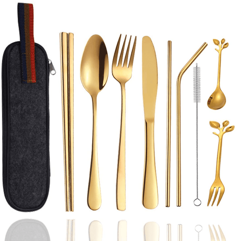Wooden Utensils for Eating Reusable Wooden Bamboo Cutlery Set with Case 9 Pcs Travel Utensils Wooden Bamboo Fork and Spoon Set Wood Flatware Set for Eating with Knife Fork Spoon Chopsticks Straw
