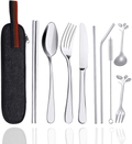 Wooden Utensils for Eating Reusable Wooden Bamboo Cutlery Set with Case 9 Pcs Travel Utensils Wooden Bamboo Fork and Spoon Set Wood Flatware Set for Eating with Knife Fork Spoon Chopsticks Straw Home & Garden > Kitchen & Dining > Tableware > Flatware > Flatware Sets Busnos Silver Cutlery Set  