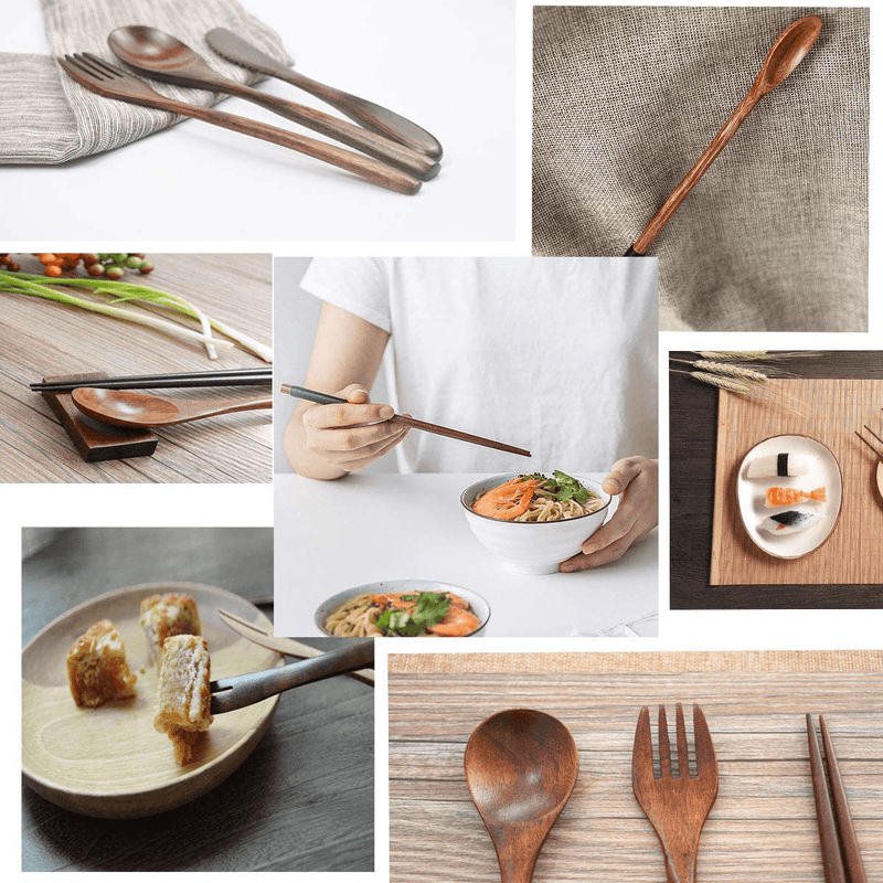 Wooden Utensils for Eating Reusable Wooden Bamboo Cutlery Set with Case 9 Pcs Travel Utensils Wooden Bamboo Fork and Spoon Set Wood Flatware Set for Eating with Knife Fork Spoon Chopsticks Straw Home & Garden > Kitchen & Dining > Tableware > Flatware > Flatware Sets Busnos   
