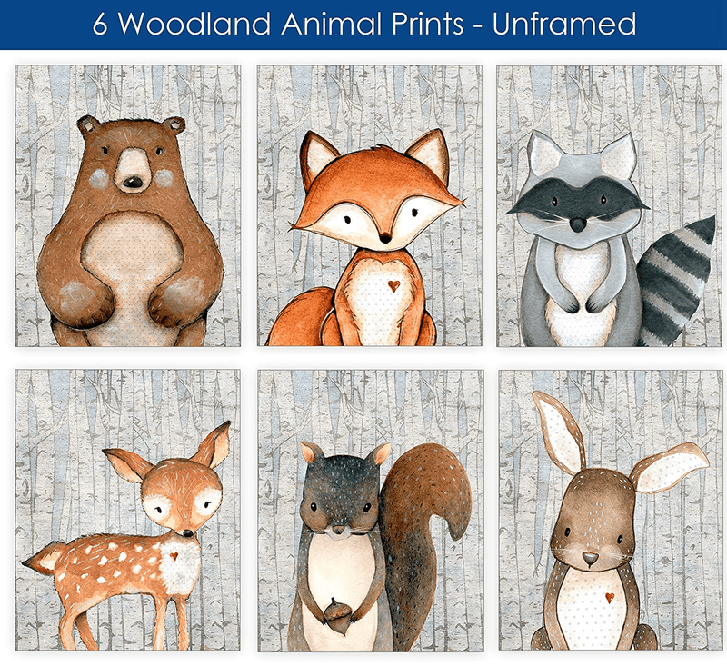 Woodland Nursery Decor for Boys - Animal Pictures Wall Art - Baby Room Prints - Bear Deer Fox Raccoon Rabbit Squirrel - SET OF 6-8x10 - UNFRAMED