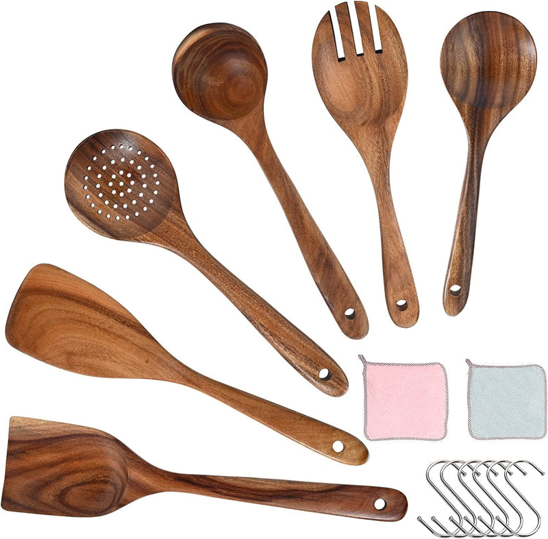 WOODME Kitchen Utensils Set 8 Piece Teak Wooden Cooking Utensil Set Non-Stick Pan Wood Spoons and Spatula Cookware for Home Everyday Use &Kitchen Tools