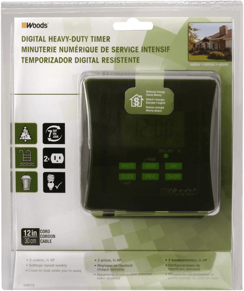 Woods 50015WD Outdoor 7-Day Heavy Duty Digital Plug-in Timer, 2 Grounded Outlets, Weatherproof, Perfect for Automating Holiday/Christmas Lights, 3/4 Horse Power, Energy Saving Precision Programming, Black & Green Home & Garden > Lighting Accessories > Lighting Timers Woods   