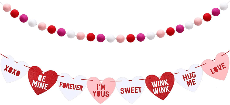 Wool Felt Ball Garland and Valentines Conversation Candy Hearts Banner for Valentines Day Decorations, Colorful Pom Pom Garland Valentines Day Banner for Anniversary Wedding Birthday Party