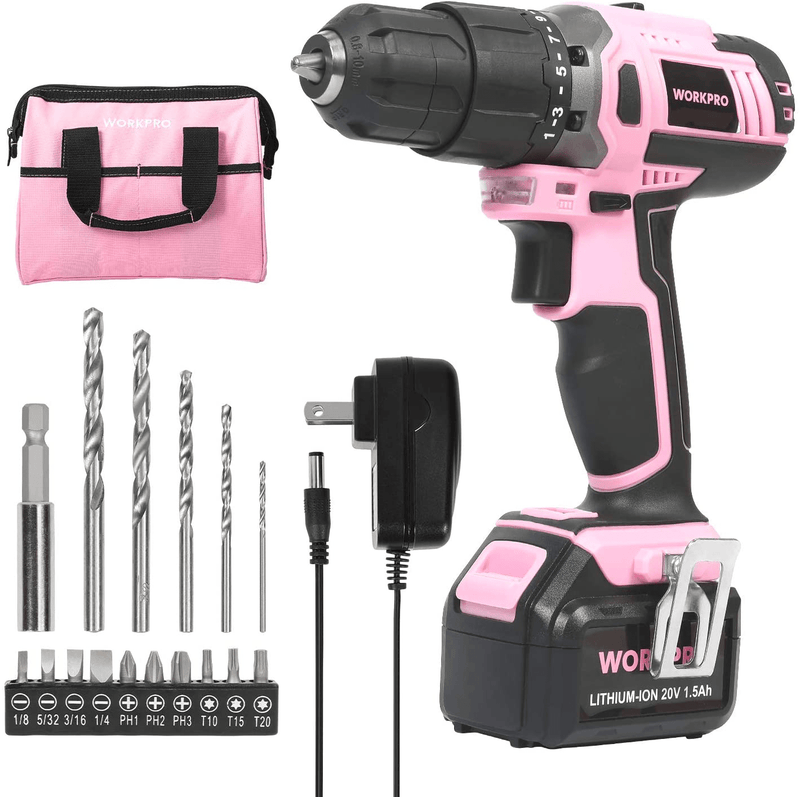 WORKPRO Pink Cordless 20V Lithium-ion Drill Driver Set, 1 Battery, Charger and Storage Bag Included - Pink Ribbon Hardware > Tools > Multifunction Power Tools WORKPRO Default Title  