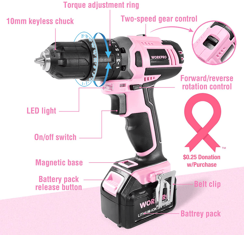 WORKPRO Pink Cordless 20V Lithium-ion Drill Driver Set, 1 Battery, Charger and Storage Bag Included - Pink Ribbon Hardware > Tools > Multifunction Power Tools WORKPRO   