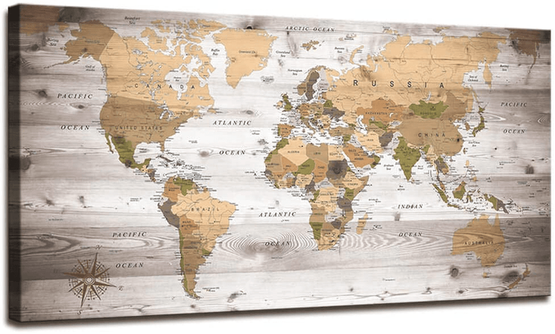 World Map Wall Art for Living Room Decor World Map Poster HD Photo Canvas Prints Modern Large Framed Art Map of The World Vintage Artwork Wall Maps Pictures for Office Wall Travel Memory Home Decor Home & Garden > Decor > Artwork > Posters, Prints, & Visual Artwork Moyedecor Art Brown 20X40 inches 