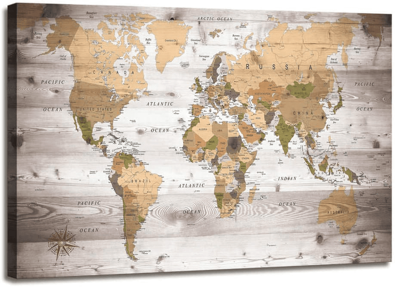 World Map Wall Art for Living Room Decor World Map Poster HD Photo Canvas Prints Modern Large Framed Art Map of The World Vintage Artwork Wall Maps Pictures for Office Wall Travel Memory Home Decor Home & Garden > Decor > Artwork > Posters, Prints, & Visual Artwork Moyedecor Art Brown 24X36 inches 