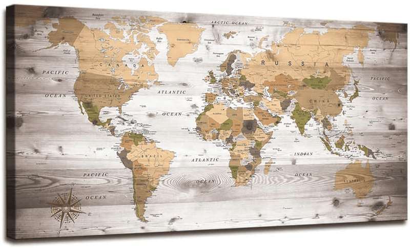 World Map Wall Art for Living Room Decor World Map Poster HD Photo Canvas Prints Modern Large Framed Art Map of The World Vintage Artwork Wall Maps Pictures for Office Wall Travel Memory Home Decor Home & Garden > Decor > Artwork > Posters, Prints, & Visual Artwork Moyedecor Art Brown 24x48 inches 