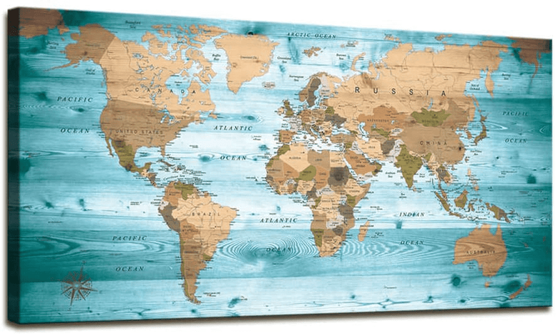 World Map Wall Art for Living Room Decor World Map Poster HD Photo Canvas Prints Modern Large Framed Art Map of The World Vintage Artwork Wall Maps Pictures for Office Wall Travel Memory Home Decor Home & Garden > Decor > Artwork > Posters, Prints, & Visual Artwork Moyedecor Art Teal 24x48 inches 
