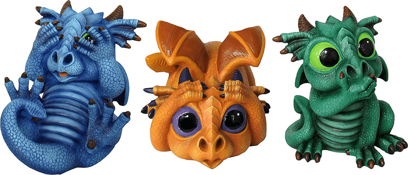 World of Wonders - Dreamland Dragons Series - Trio of Trouble - Set of Three (3) Collectible See Hear Speak No Evil Dragon Figurines Periwinkle Treasure and Jade Fantasy Home and Garden Decor Accents