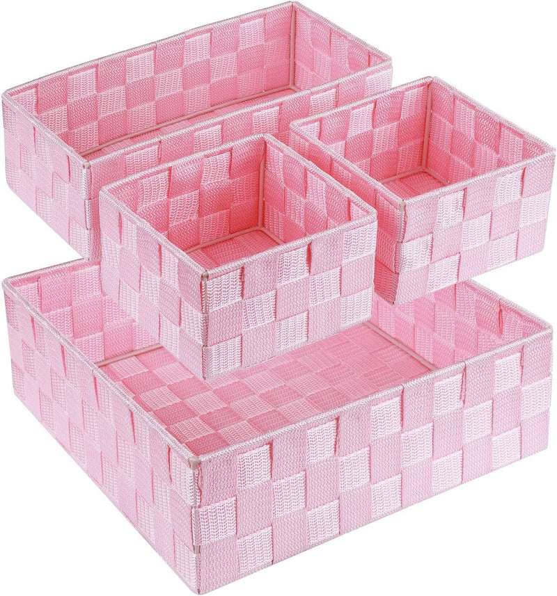 Woven Storage Baskets for Organizing, Posprica Small Black Baskets Cube Bin Container Tote Organizer Divider for Drawer, Closet, Shelf, Dresser, Set of 4 Home & Garden > Household Supplies > Storage & Organization Posprica Pink  
