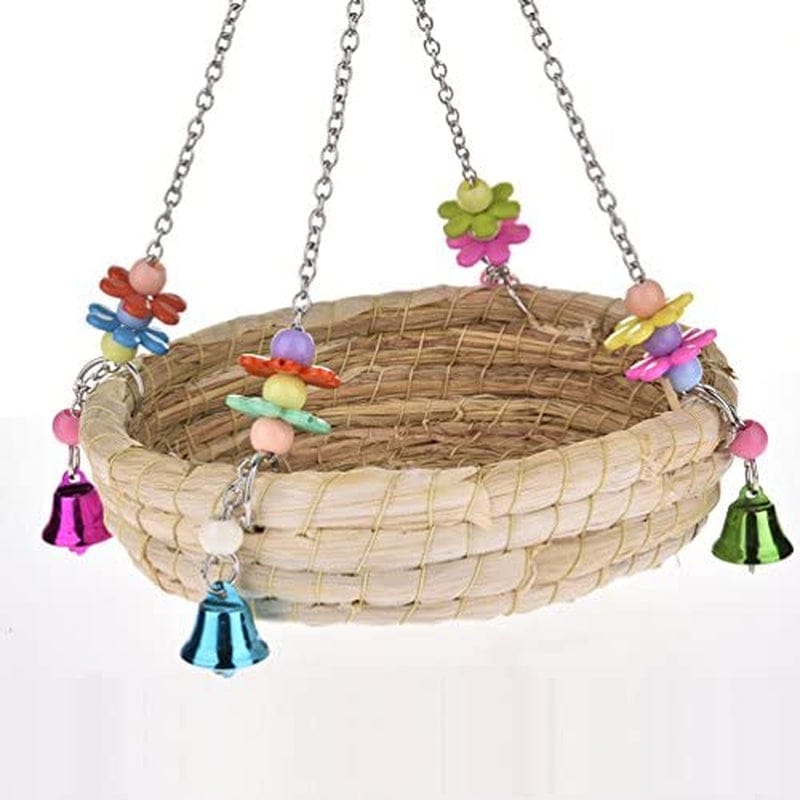 Woven Straw Nest Bed Large Bird Swing Toy with Bell for Parrot Cockatiel Parakeet African Grey Cockatoo Macaw Conure Budgie Canary Lovebird Finch Hamster Chinchilla Cage Perch Animals & Pet Supplies > Pet Supplies > Bird Supplies > Bird Cages & Stands Keersi   