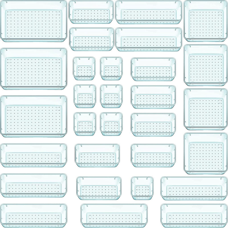 WOWBOX 25 PCS Clear Plastic Drawer Organizer Set, 4 Sizes Desk Drawer Divider Organizers and Storage Bins for Makeup, Jewelry, Gadgets for Kitchen, Bedroom, Bathroom, Office Home & Garden > Household Supplies > Storage & Organization WOWBOX Sea Blue 25 