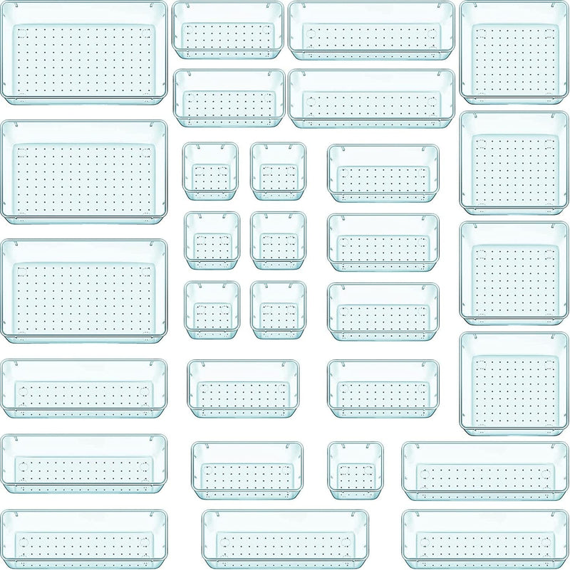 WOWBOX 25 PCS Clear Plastic Drawer Organizer Set, 4 Sizes Desk Drawer Divider Organizers and Storage Bins for Makeup, Jewelry, Gadgets for Kitchen, Bedroom, Bathroom, Office Home & Garden > Household Supplies > Storage & Organization WOWBOX Sea Blue 30 