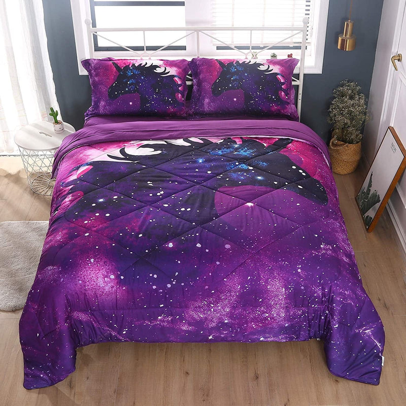 Wowelife 3D Galaxy Unicorn Comforter Queen Purple Mythical Outer Space Bedding Set with Comforter, Flat Sheet, Fitted Sheet and 2 Pillow Cases(Purple Unicorn, Queen) Home & Garden > Linens & Bedding > Bedding Wowelife Purple Full 