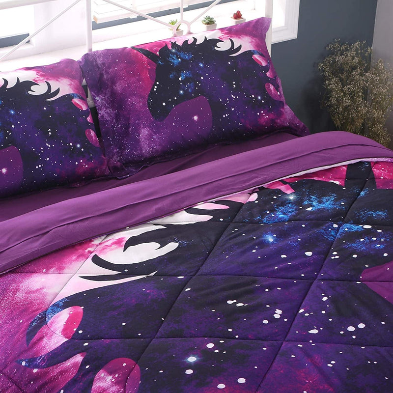Wowelife 3D Galaxy Unicorn Comforter Queen Purple Mythical Outer Space Bedding Set with Comforter, Flat Sheet, Fitted Sheet and 2 Pillow Cases(Purple Unicorn, Queen) Home & Garden > Linens & Bedding > Bedding Wowelife   