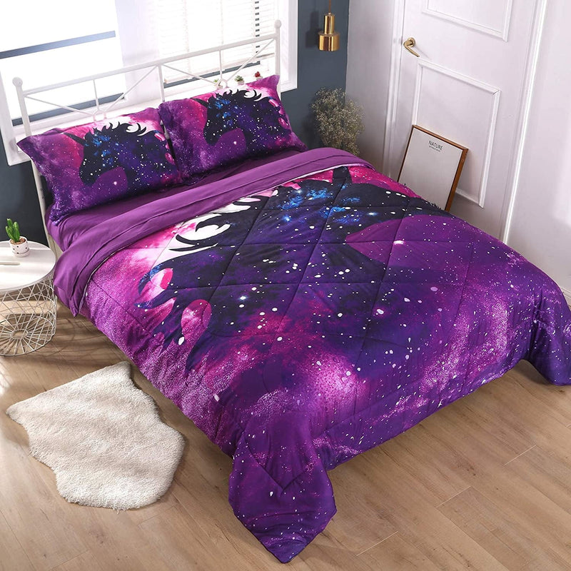 Wowelife 3D Galaxy Unicorn Comforter Queen Purple Mythical Outer Space Bedding Set with Comforter, Flat Sheet, Fitted Sheet and 2 Pillow Cases(Purple Unicorn, Queen) Home & Garden > Linens & Bedding > Bedding Wowelife   