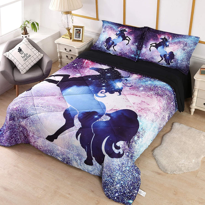 Wowelife 3D Galaxy Unicorn Comforter Queen Purple Mythical Outer Space Bedding Set with Comforter, Flat Sheet, Fitted Sheet and 2 Pillow Cases(Purple Unicorn, Queen) Home & Garden > Linens & Bedding > Bedding Wowelife Lavender Full 