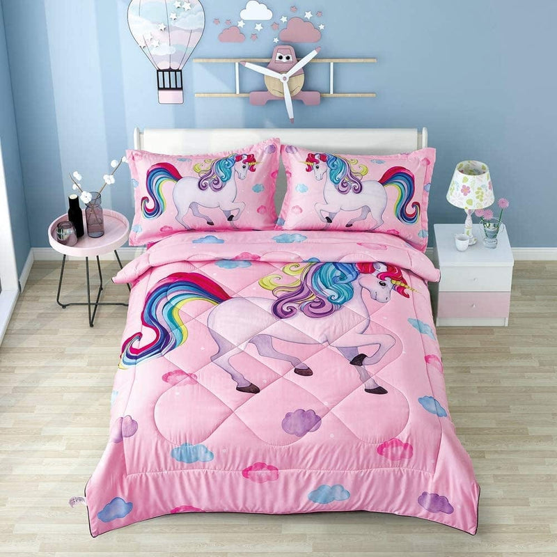 Wowelife 3D Galaxy Unicorn Comforter Queen Purple Mythical Outer Space Bedding Set with Comforter, Flat Sheet, Fitted Sheet and 2 Pillow Cases(Purple Unicorn, Queen) Home & Garden > Linens & Bedding > Bedding Wowelife Pink Twin 