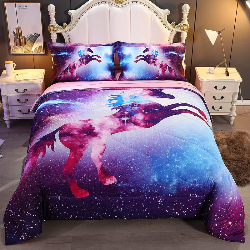 Wowelife 3D Galaxy Unicorn Comforter Queen Purple Mythical Outer Space Bedding Set with Comforter, Flat Sheet, Fitted Sheet and 2 Pillow Cases(Purple Unicorn, Queen) Home & Garden > Linens & Bedding > Bedding Wowelife Light Purple Full 