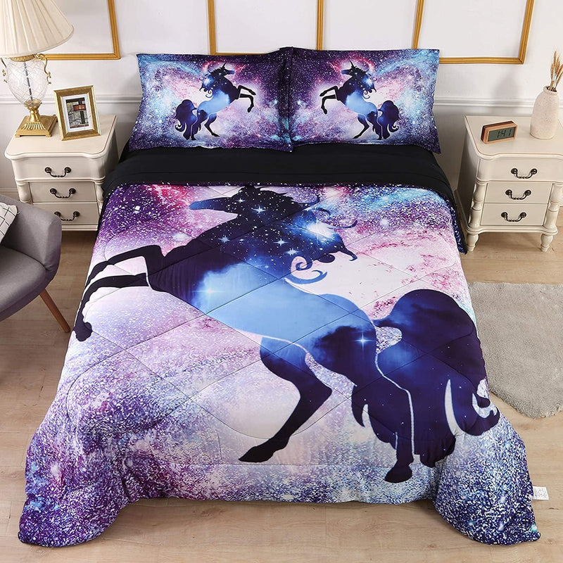 Wowelife 3D Galaxy Unicorn Comforter Queen Purple Mythical Outer Space Bedding Set with Comforter, Flat Sheet, Fitted Sheet and 2 Pillow Cases(Purple Unicorn, Queen) Home & Garden > Linens & Bedding > Bedding Wowelife Lavender Twin 