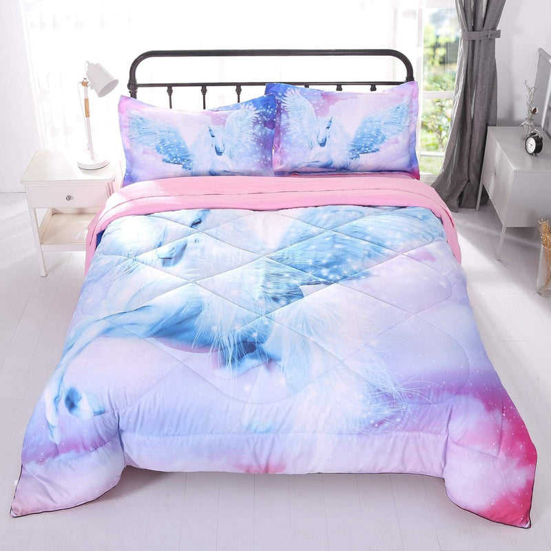 Wowelife 3D Galaxy Unicorn Comforter Queen Purple Mythical Outer Space Bedding Set with Comforter, Flat Sheet, Fitted Sheet and 2 Pillow Cases(Purple Unicorn, Queen) Home & Garden > Linens & Bedding > Bedding Wowelife White Full 