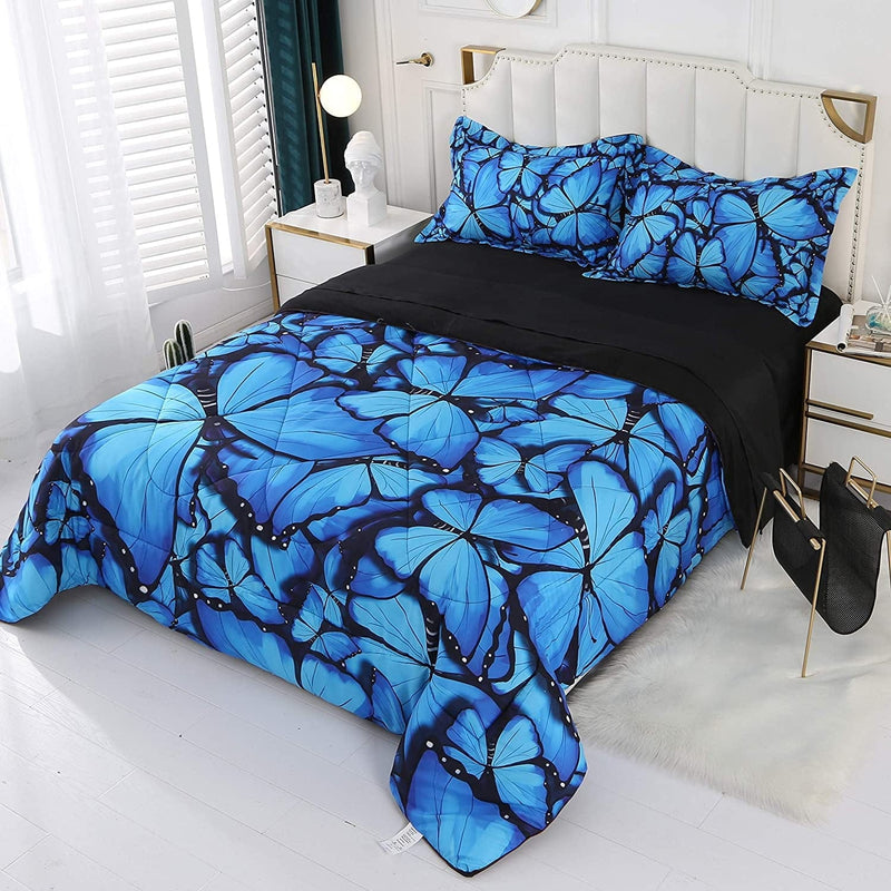 Wowelife Butterfly Comforter Full Blue Butterfly and Flowers Black Bed Set 5 Piece with Comforter, Flat Sheet, Fitted Sheet and 2 Pillow Cases(Blue Butterfly, Full) Home & Garden > Linens & Bedding > Bedding > Quilts & Comforters Wowelife   
