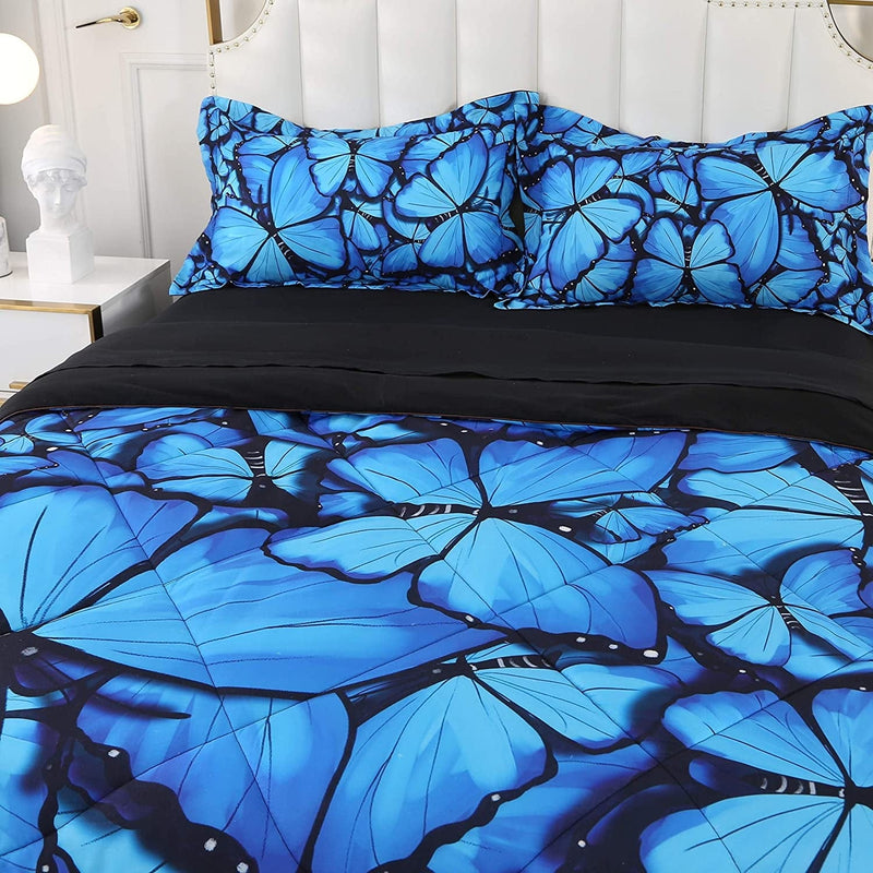 Wowelife Butterfly Comforter Full Blue Butterfly and Flowers Black Bed Set 5 Piece with Comforter, Flat Sheet, Fitted Sheet and 2 Pillow Cases(Blue Butterfly, Full) Home & Garden > Linens & Bedding > Bedding > Quilts & Comforters Wowelife   