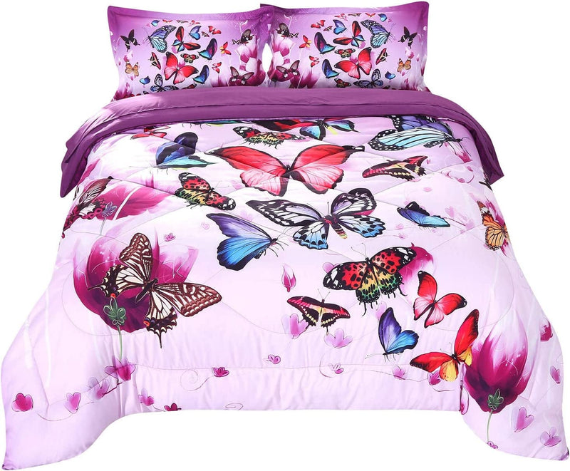 Wowelife Butterfly Comforter Full Blue Butterfly and Flowers Black Bed Set 5 Piece with Comforter, Flat Sheet, Fitted Sheet and 2 Pillow Cases(Blue Butterfly, Full) Home & Garden > Linens & Bedding > Bedding > Quilts & Comforters Wowelife Playing Butterfly Twin 